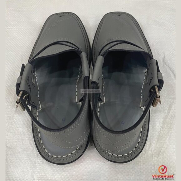 Dark Grey Leather Footwear: Authentic Handmade Gents Peshawari Chappal main image 7